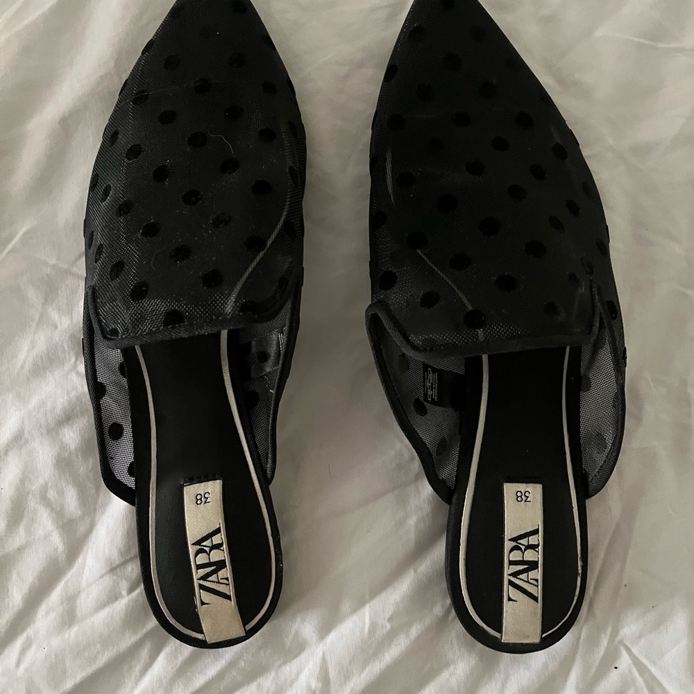 Zara trafaluc black mesh dot slip on mules size 38 7.5 US
